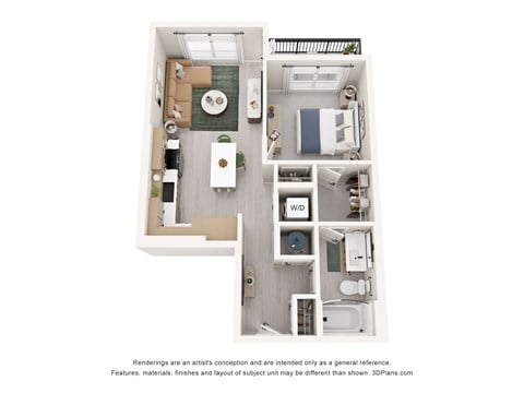 Floor plan for 1 bed, 1 bath, 673 sqft